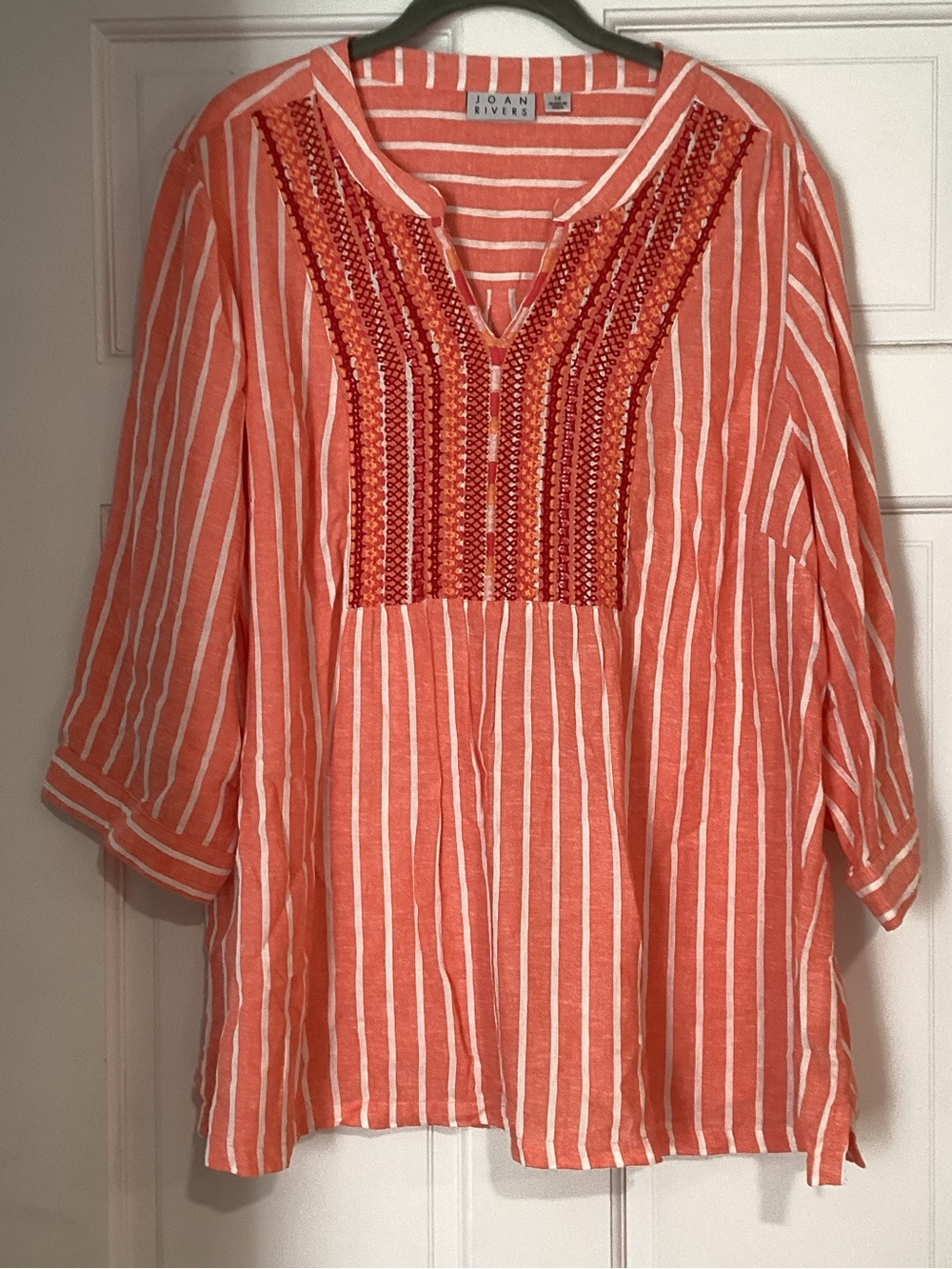 Joan Rivers Coral and White Striped Tunic with Embroidered Yoke